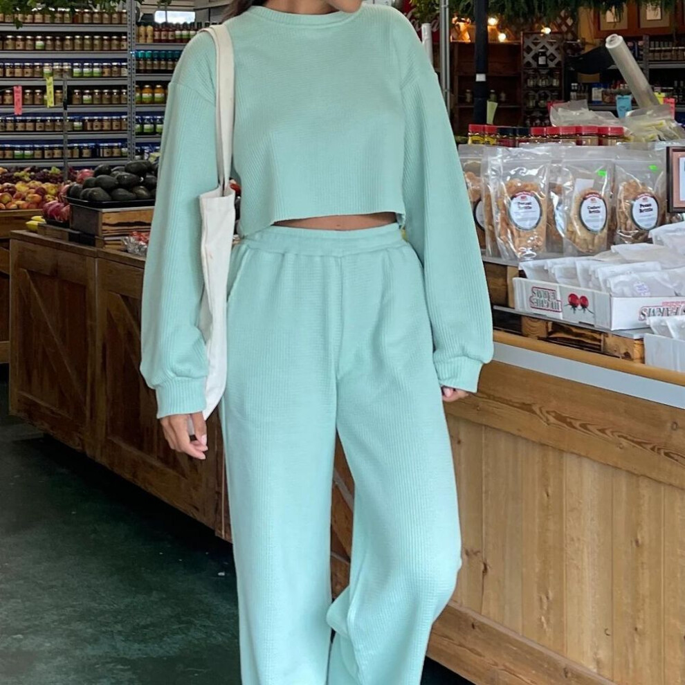 (green, M) Women Solid Color Long Sleeve O Neck Hoodies Suit Autumn Winter Loose Top Wide Leg Pants