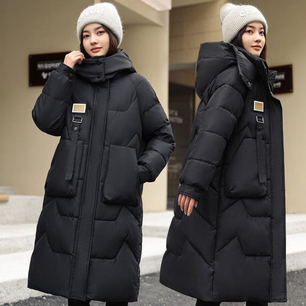 (black, L) Autumn Winter Thicken Warm Long Hooded Parka Women Casual Solid Color Big Pocket Loose Stand Collar Coat Jackets Outwear