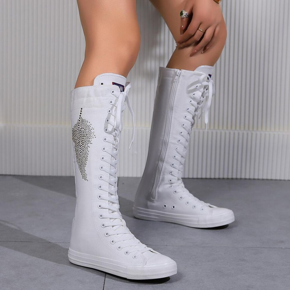 (white, 43) Women&apos;s Fashion Flat Canvas Sports Boots with Lace Inside Zipper