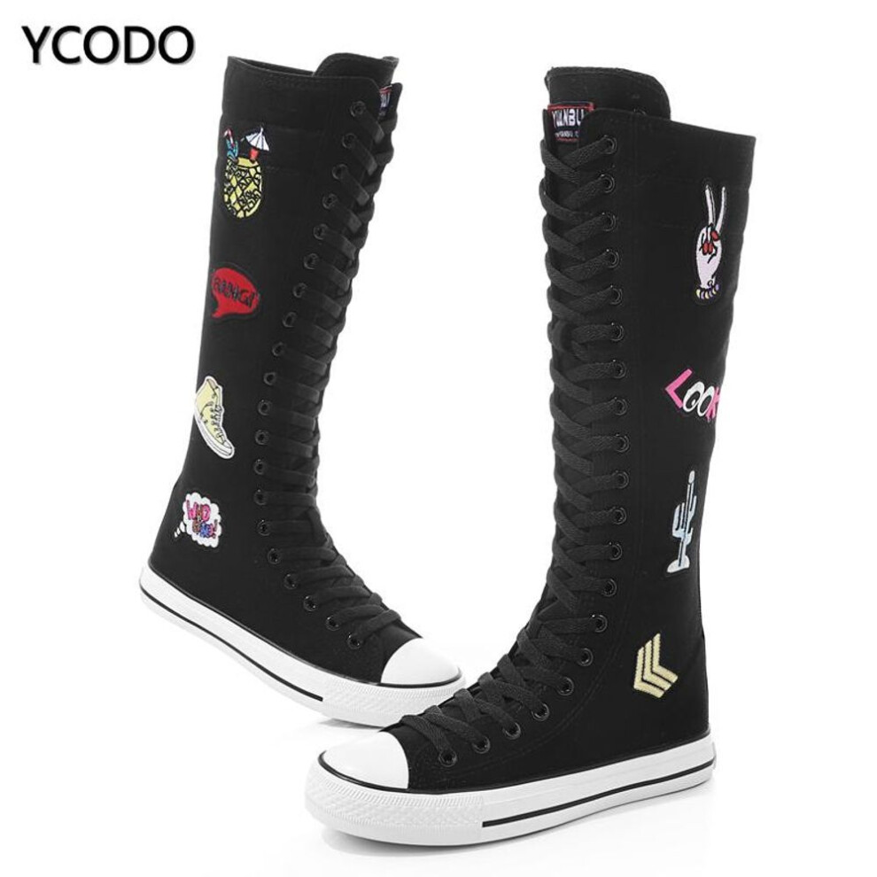 (black, 35) Spring Autumn Women Boots Canvas Mid Calf Boots Casual High Top Shoes Long Boots Lace Up Zipper Comfortable Flat Boots Size 34-43