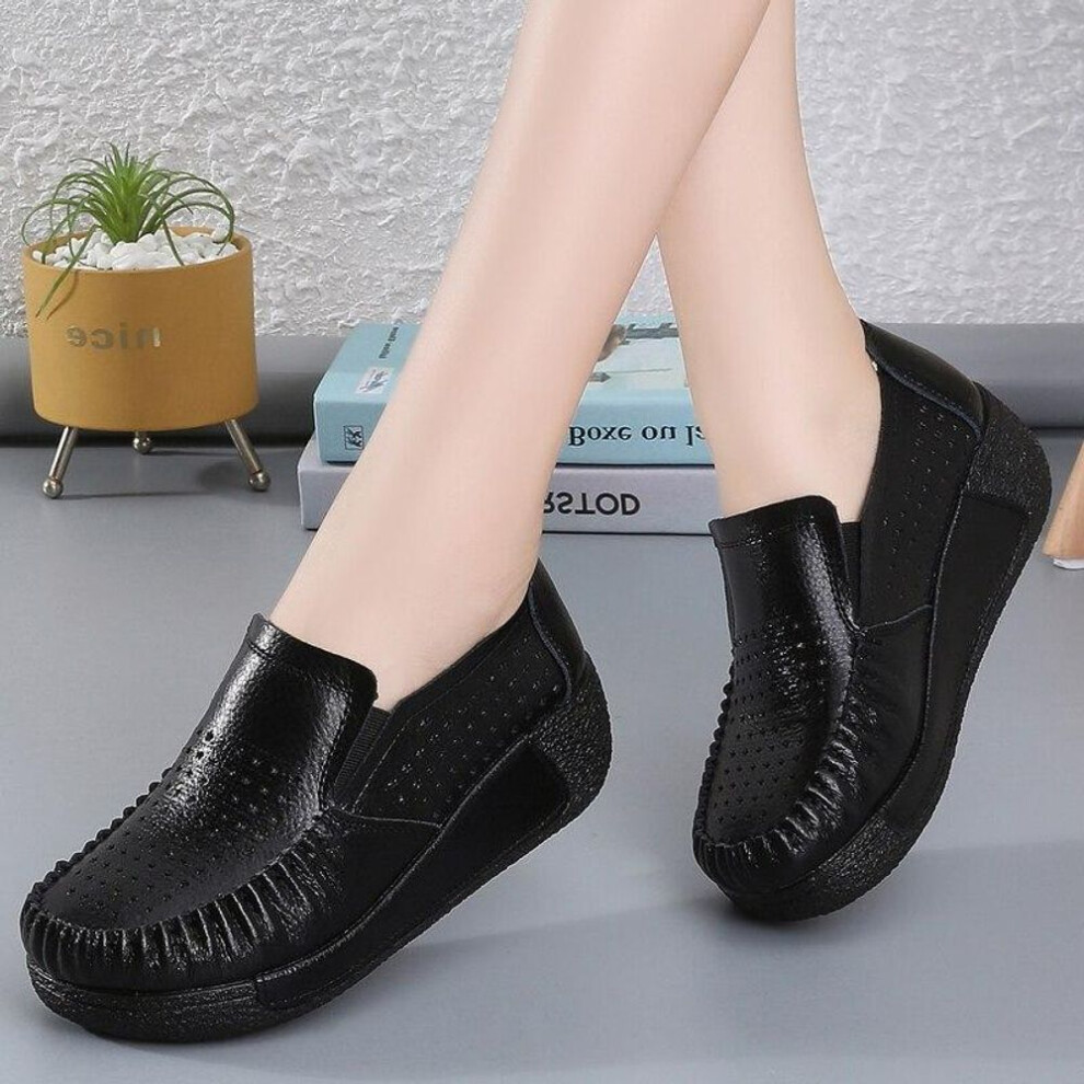 (black, 41) Breathable Summer Women&apos;s Shoes Flat Platform Ladies Sneakers Female Hollows Cow Suede Leather Woman Loafers Wedges Slip On Shoe