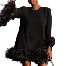 (black, 2XL) Women Dress Loose Round Neck Decor Solid Fuzzy Faux Fur Color Long Sleeve Pullover H-shaped Above Knee Length