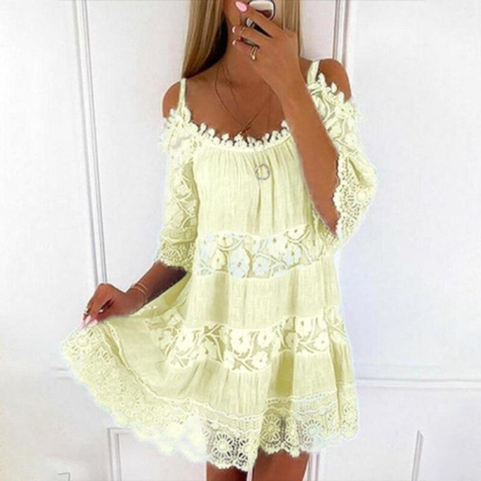 (yellow, XL) Sexy Off Shoulder Lace Dress Casual Loose Sweet Dress Summer Short Sleeve Camisole Solid Color O-neck Short Mini Dresses 26249