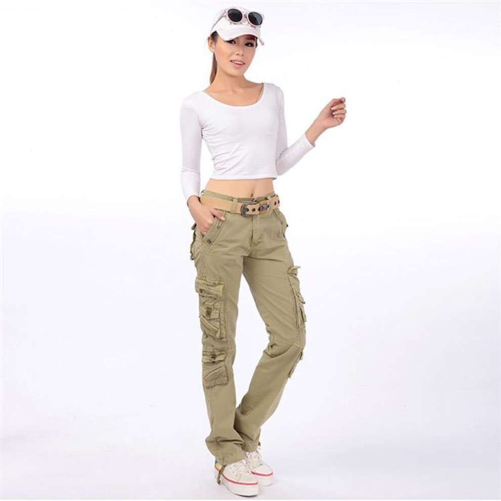 (khaki, 38) Women Straight Multi-pocket Cargo Pants Denim Overalls Ladies Fashion Workout Joggers Baggy Pants Loose Straight Trousers