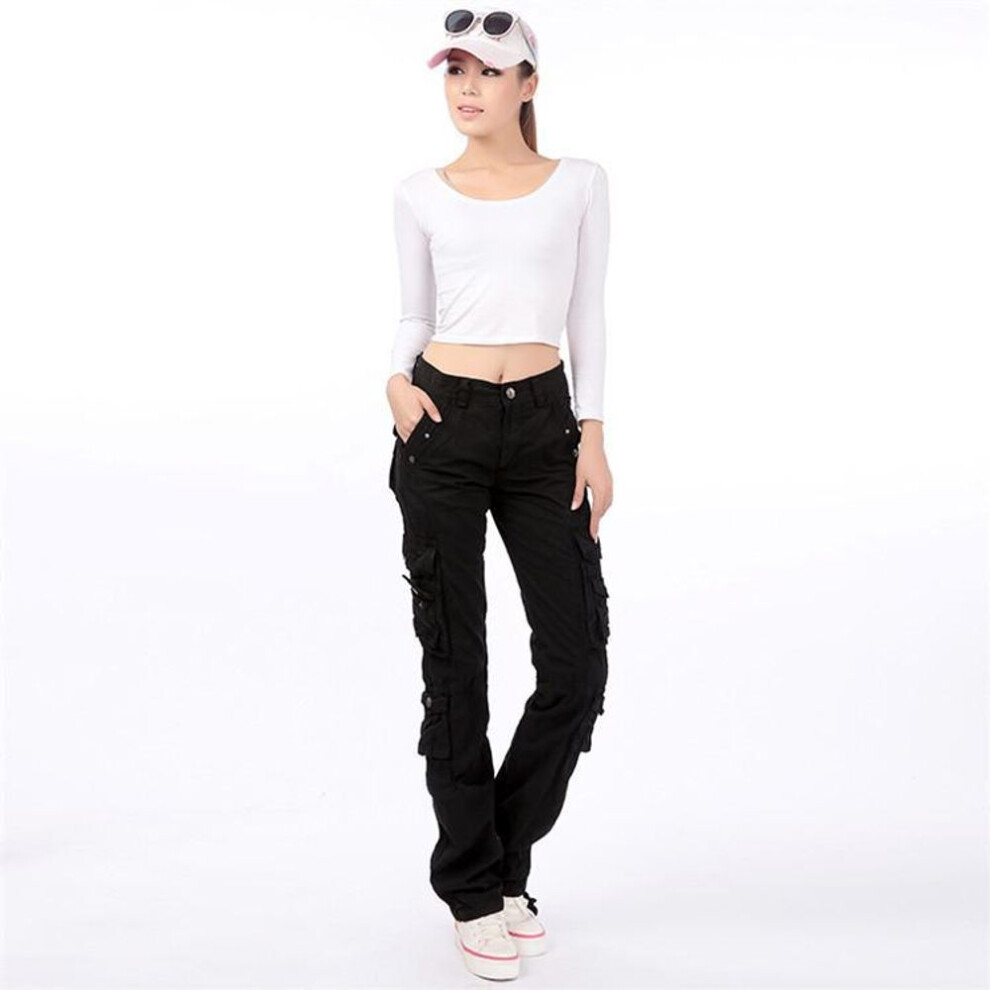(black, 38) Women Straight Multi-pocket Cargo Pants Denim Overalls Ladies Fashion Workout Joggers Baggy Pants Loose Straight Trousers