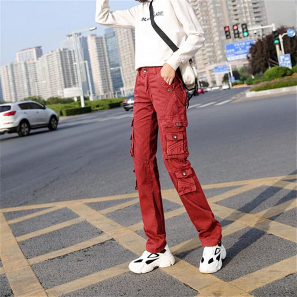 (brick red, 31) Women Straight Multi-pocket Cargo Pants Denim Overalls Ladies Fashion Workout Joggers Baggy Pants Loose Straight Trousers