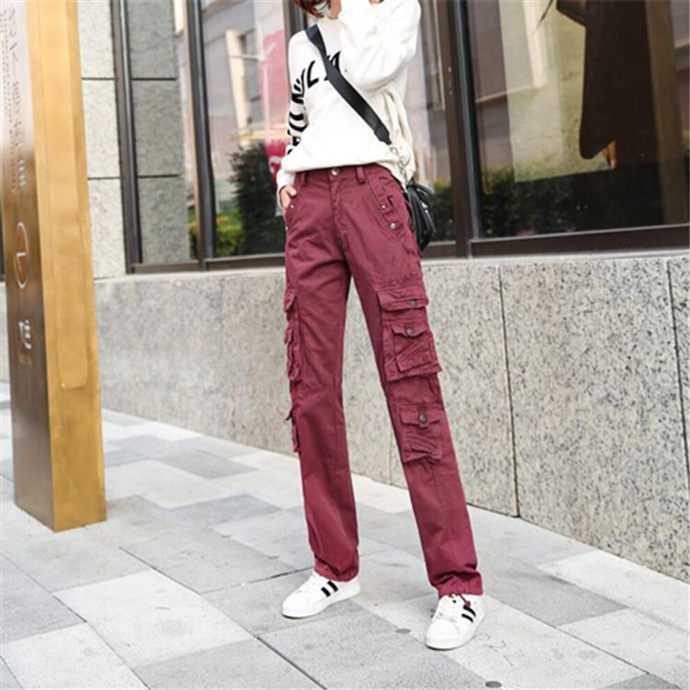 (dark red, 28) Women Straight Multi-pocket Cargo Pants Denim Overalls Ladies Fashion Workout Joggers Baggy Pants Loose Straight Trousers