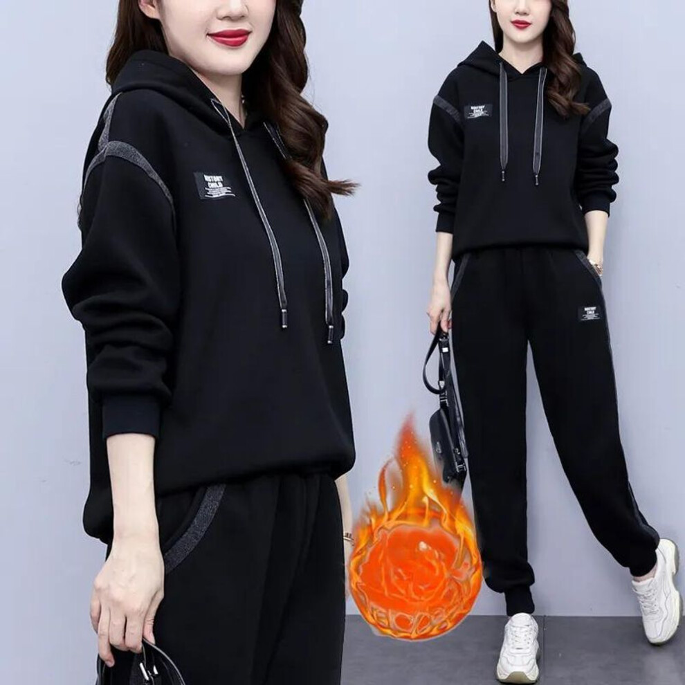 (warm black, XL) Plus Size Women&apos;s Winter Plus Velvet Thick Hooded Denim Stitching Fashion All-match Casual Suit