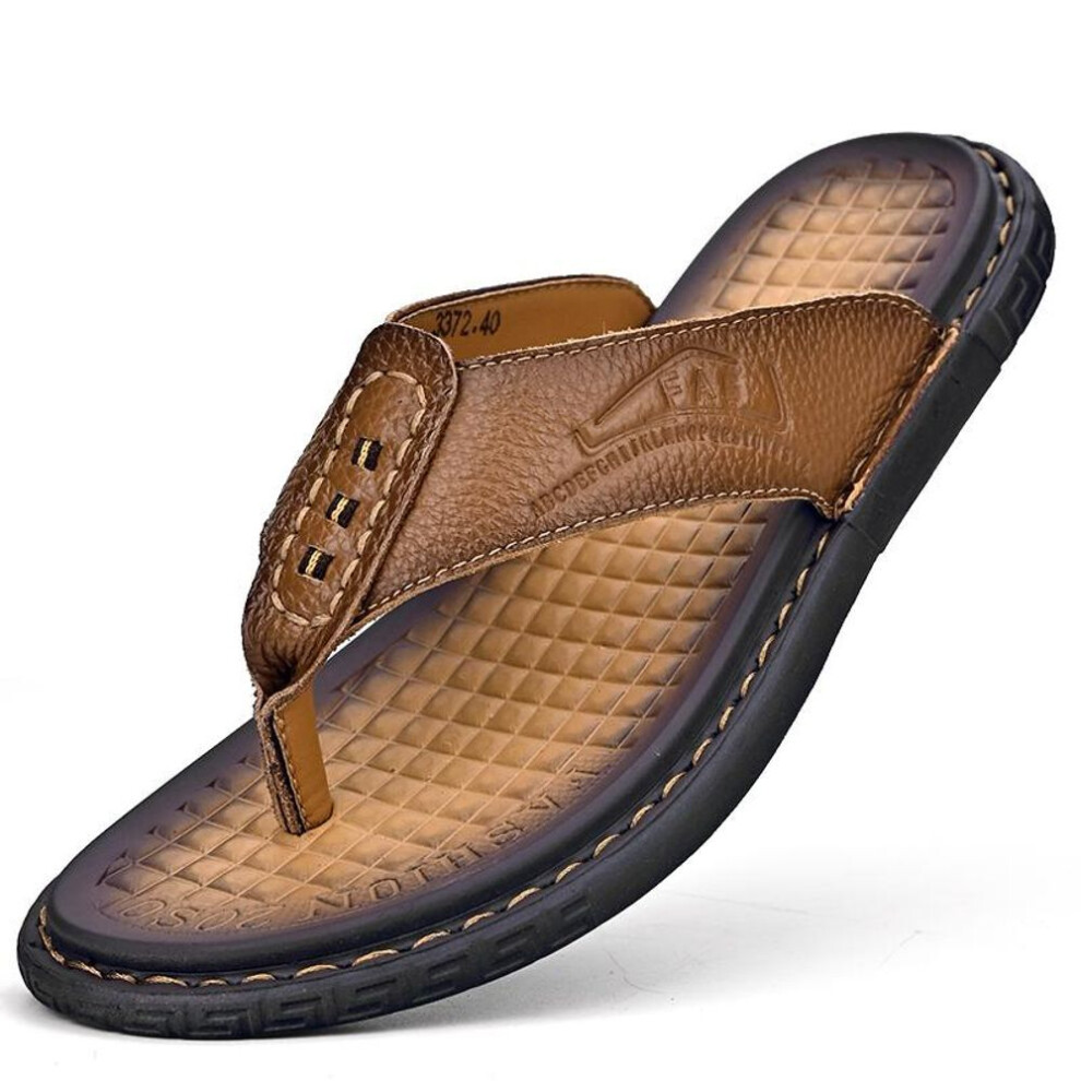 (light brown, 40) New Arrival Summer Genuine Leather Men Flip Flops Anti-slip Handmade Leather Slippers