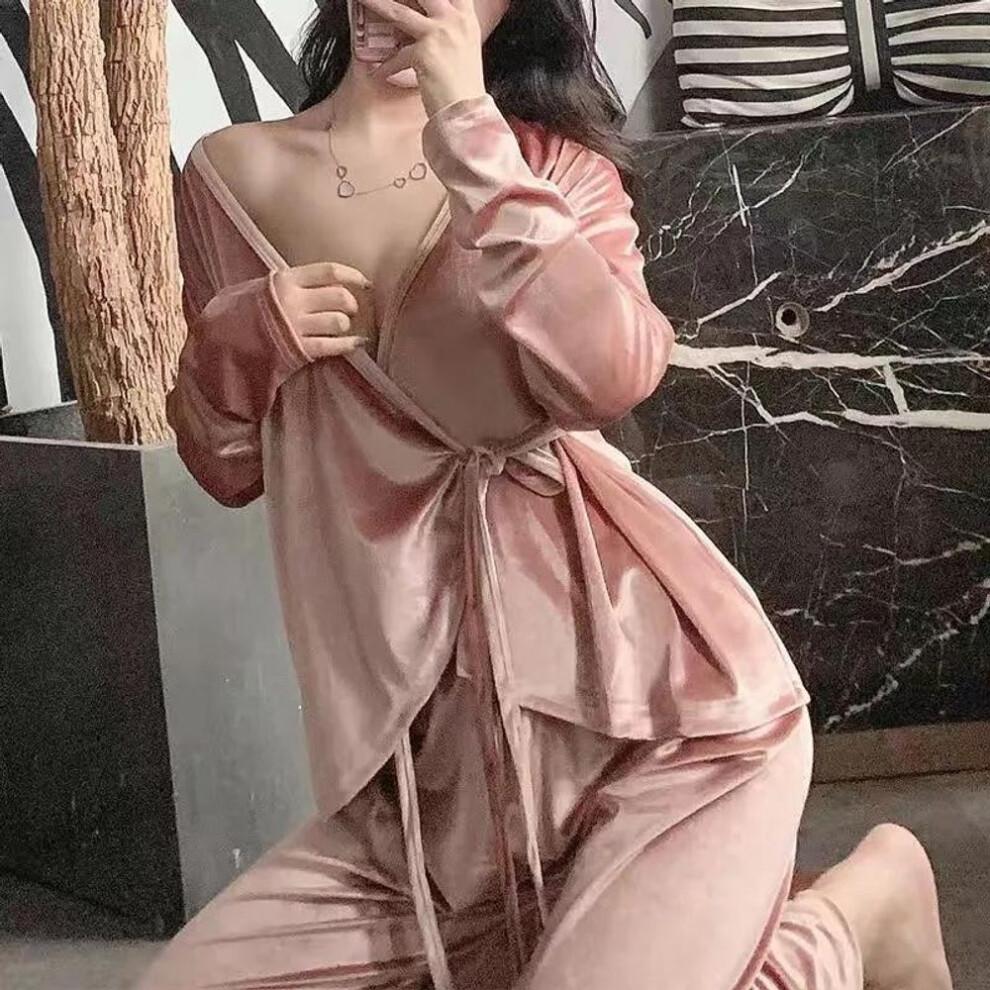 (pink, XL) Women&apos;s Sexy Gold Velvet Pajamas Set V-neck Japanese Kimono Homewear Spring Long-sleeved Solid Color Pyjamas Two-piece Set Sleeping Suit