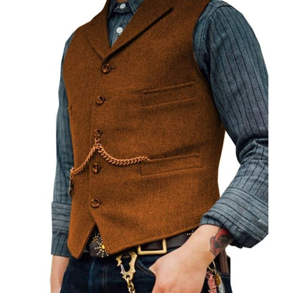 (brown, M) Men&apos;s Suit Vest Brown Herringbone Wedding Waistcoat Steampunk Style