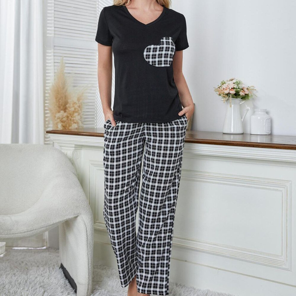 (black,white, S) Summer Sleeping Suit for Women 2 Pieces Pajamas Set V Neck Short Sleeves Heart Printed Shirts and Plaid Long Pants Leisure Home Wear Nighty