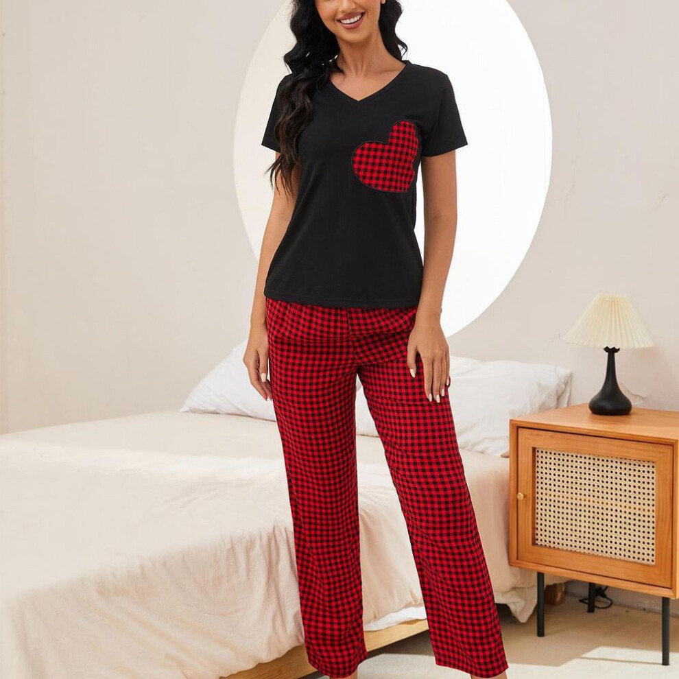 (red, XL) Summer Sleeping Suit for Women 2 Pieces Pajamas Set V Neck Short Sleeves Heart Printed Shirts and Plaid Long Pants Leisure Home Wear Nighty