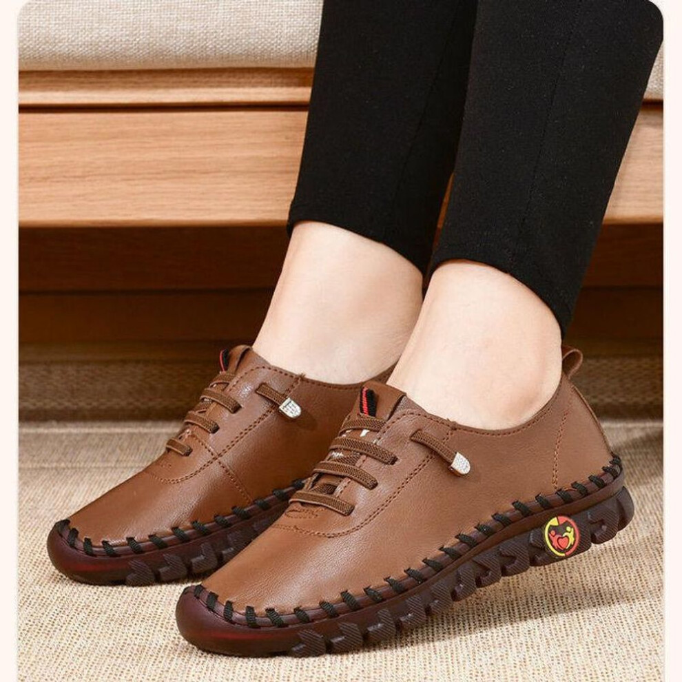(brown, 40) New Ladies Casual Leather Shoes Beef Tendon Soft Bottom Comfortable Large Women&apos;s Shoes Soft Sole Soft Surface Comfort Flats