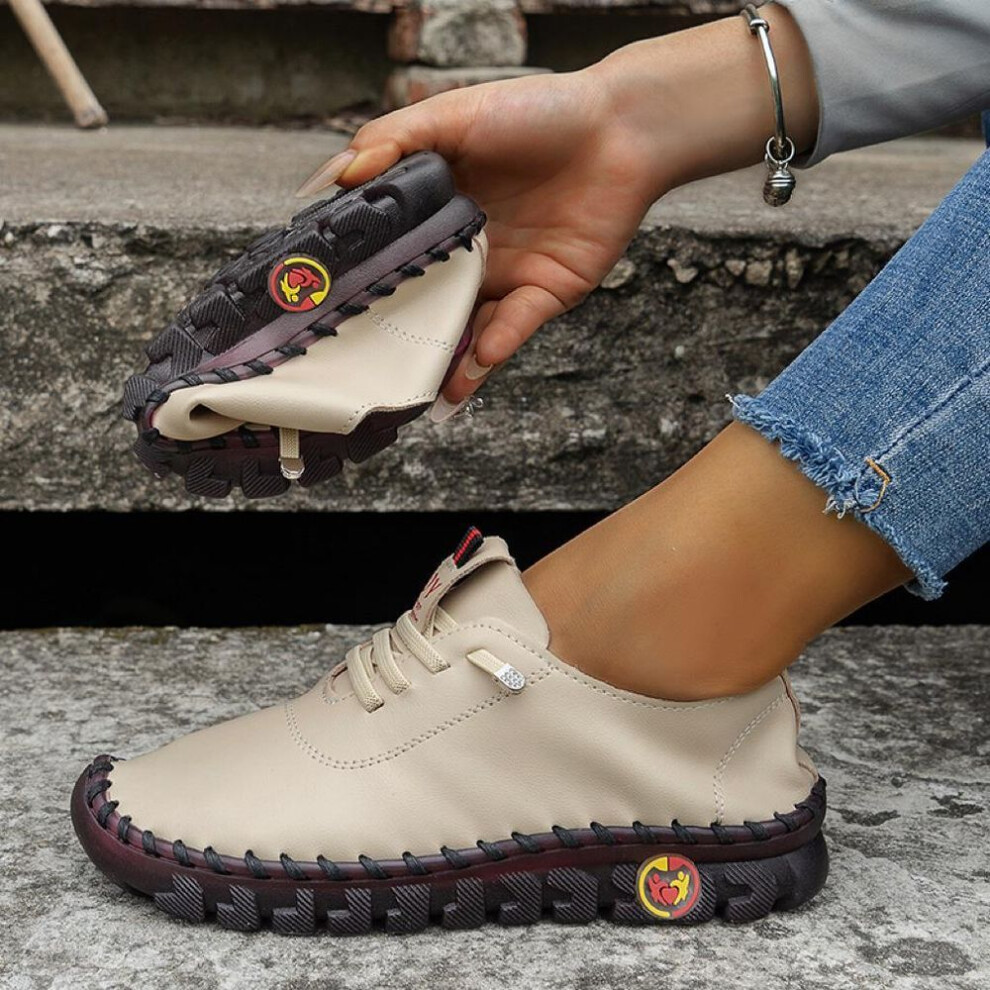(khaki, 38) New Ladies Casual Leather Shoes Beef Tendon Soft Bottom Comfortable Large Women&apos;s Shoes Soft Sole Soft Surface Comfort Flats