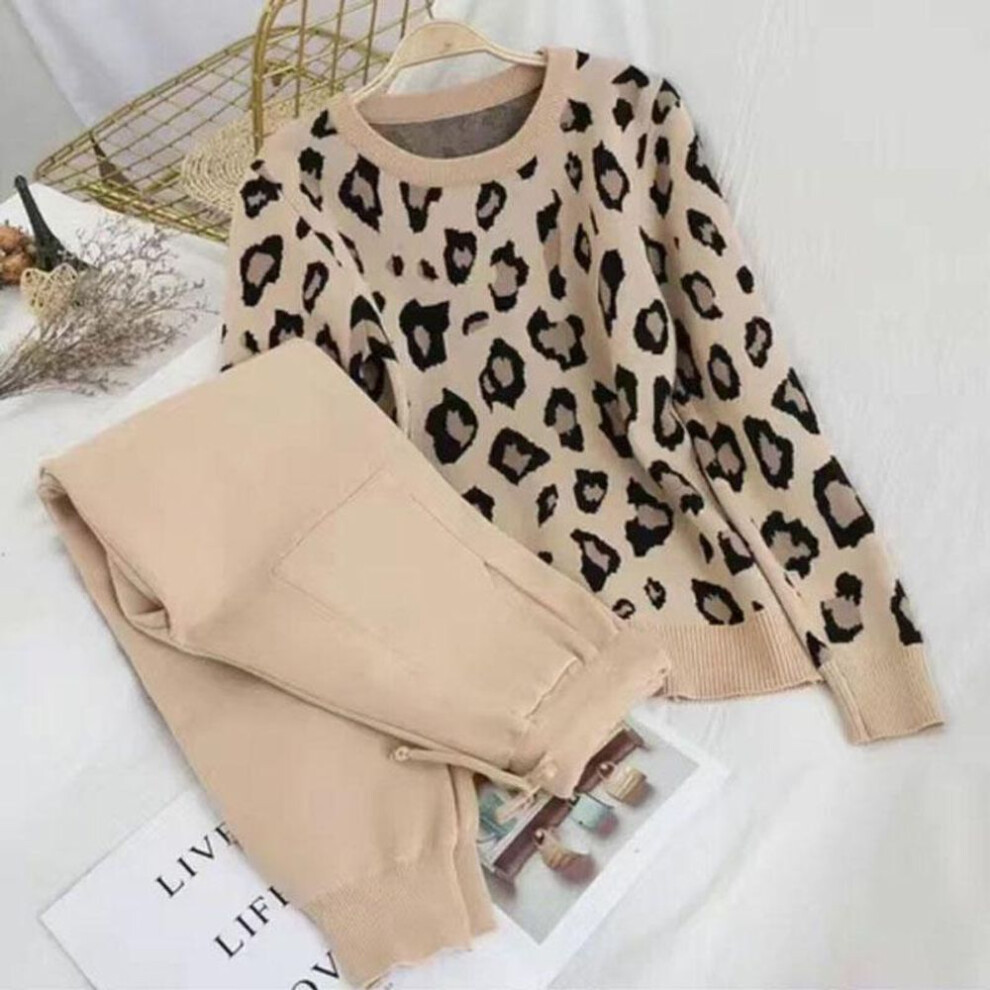 (dark khaki, S) 2pcs/set Women Knit Leopard Pullover Sweaters+Pants Sets Woman Fashion Jumpers Trousers 2 PCS Costumes Outfit S-XXL