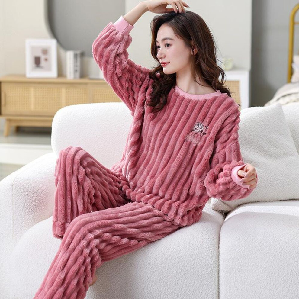 (pink, XL) Autumn and Winter Flannel Flannel Warm Pajamas Women&apos;s Home Wear Loose and Comfortable Can Be Worn Outside the Suit