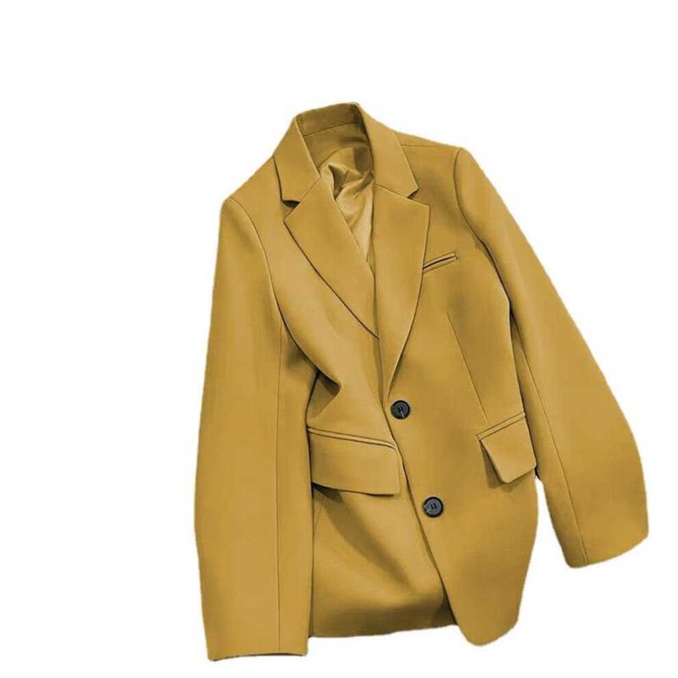 (yellow, M) Women&apos;s Solid Color Black Button Pocket Blazer Suit Long Sleeve Cardigan Korean Fashion Casual Multi Colors Blazers Jacket
