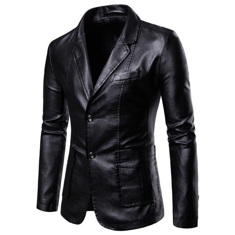 (black, 2XL) New Autumn and Winter Men&apos;s Slim and Versatile PU Small Suit Men&apos;s Lapel Leather Jacket