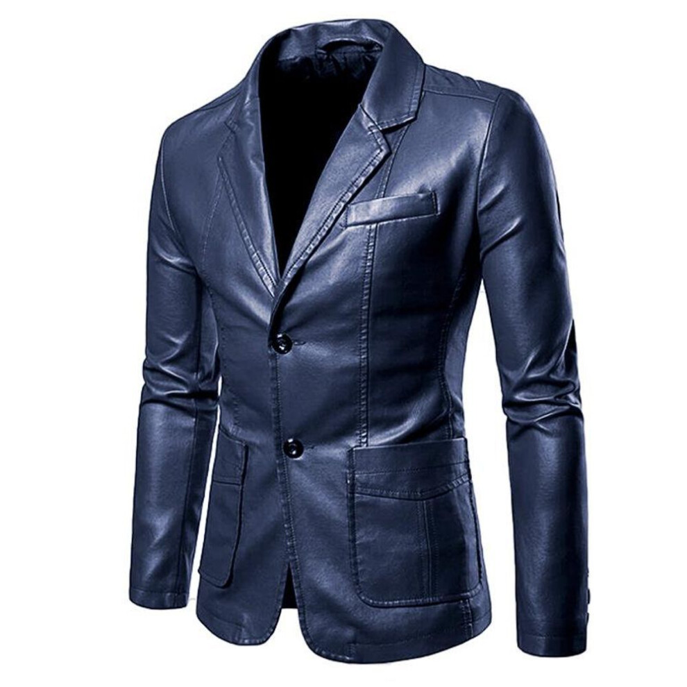 (dark blue, XL) New Autumn and Winter Men&apos;s Slim and Versatile PU Small Suit Men&apos;s Lapel Leather Jacket