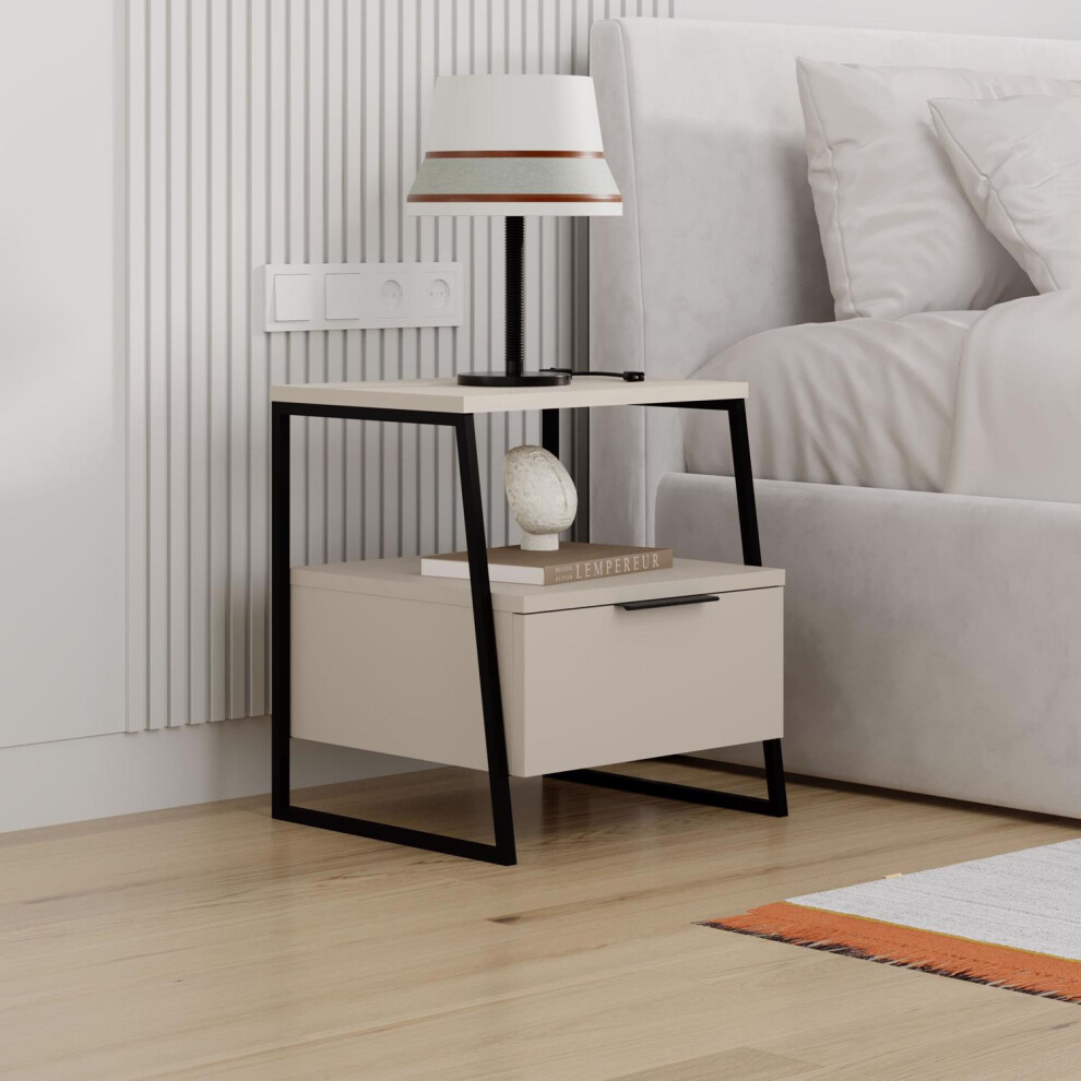 1 Door Sandstone Bedside Table Black Metal Frame and Handle