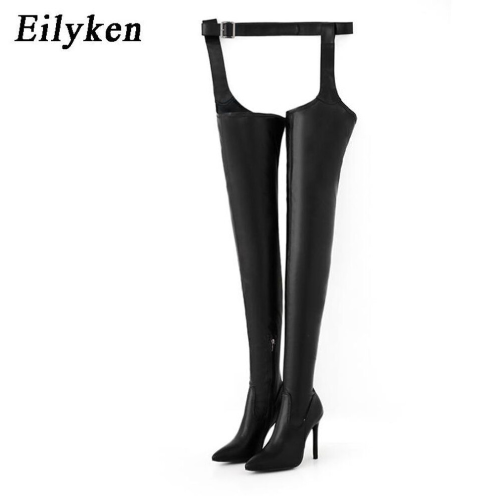 (black, 36) Eilyken 2023 New Sexy Waist Buckle Strap Thin High Heels Women Boots Over The Knee Boot Pointed Toe Female Winter Shoes