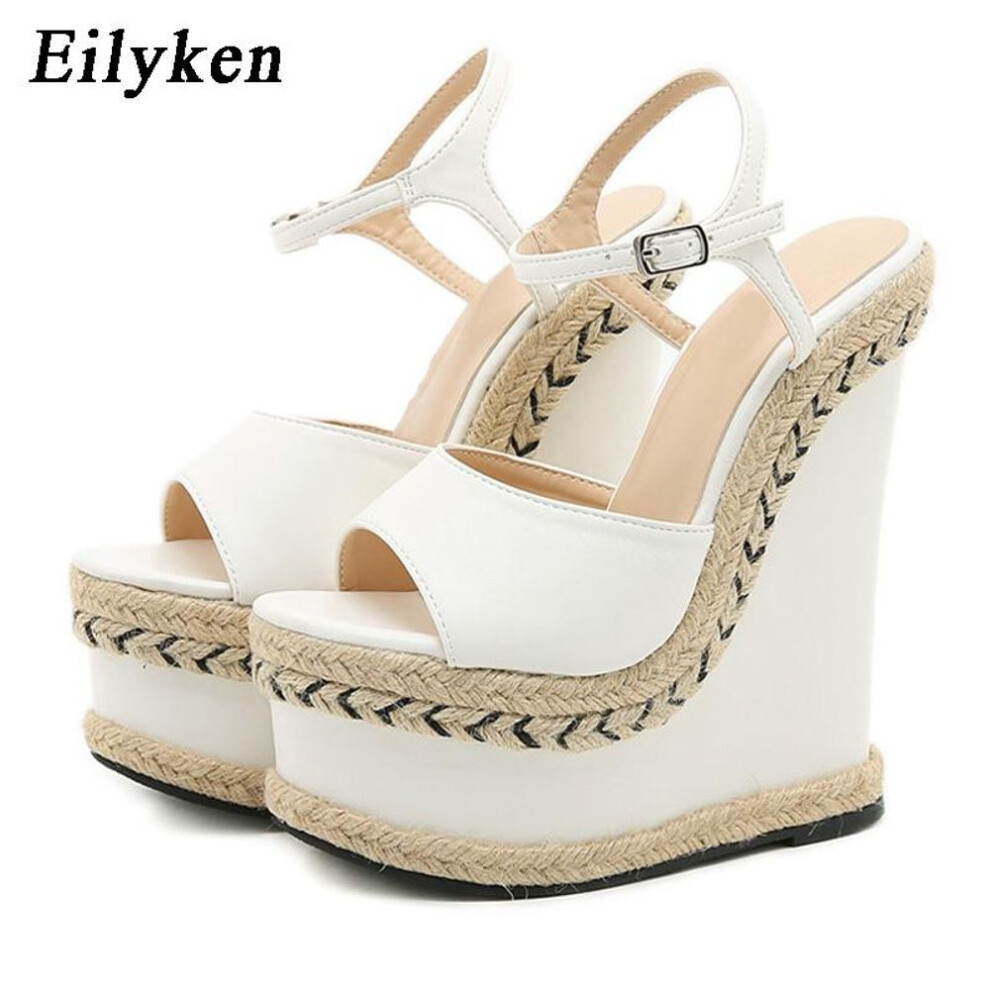 (white, 42) Eilyken Fashion Wedge Sandals Women Summer New Fashion Ankle Buckle Strap Platform Peep Toe Ladies High Heels Shoes