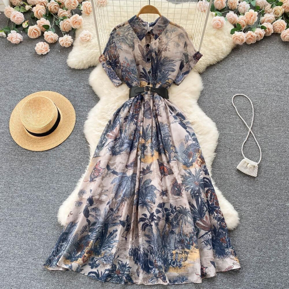 (beige, XL) RUGOD Palace Style French Niche Temperament Elegant Printed Dress Women&apos;s Summer New Waist Slim Gentle Style Long Dress