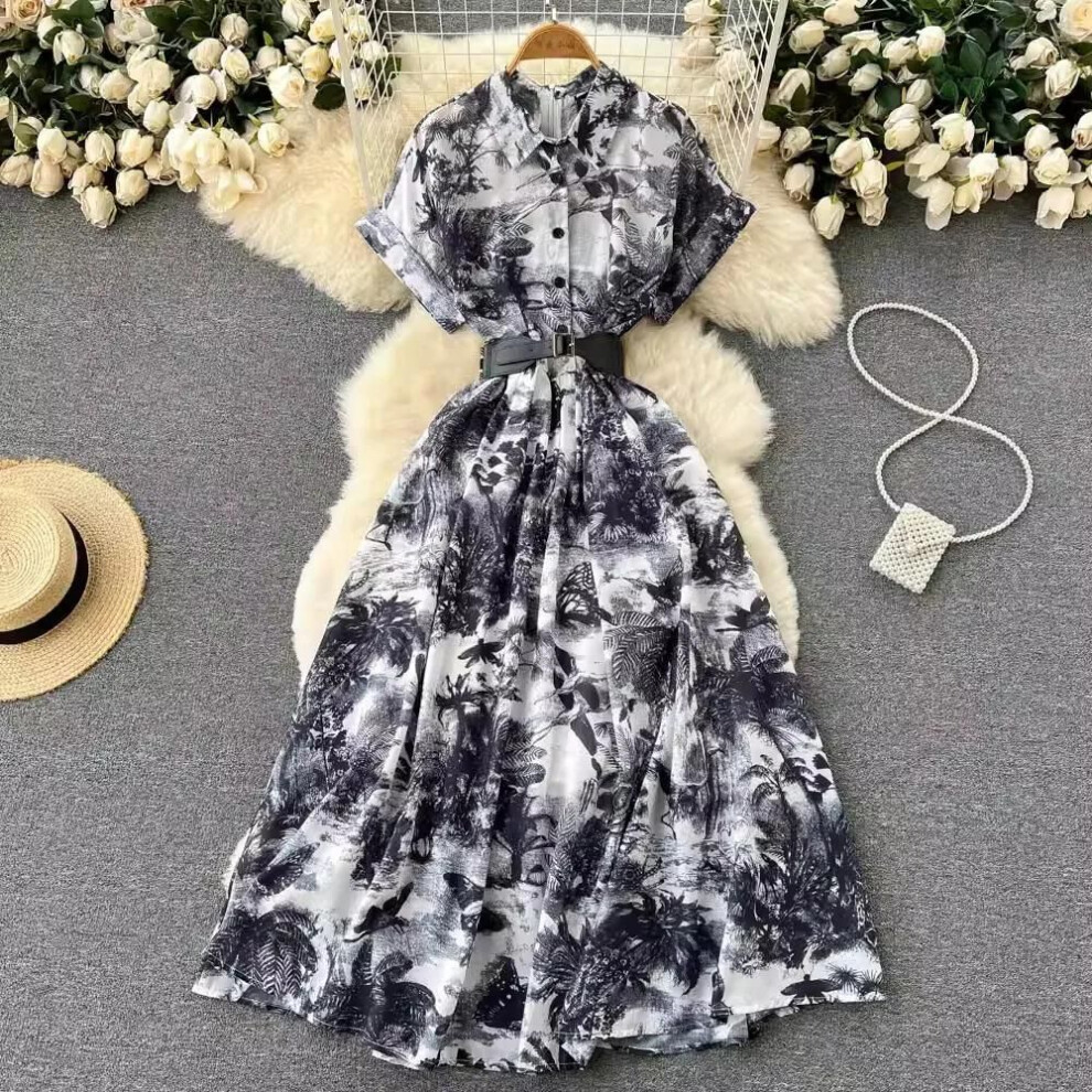 (black, M) RUGOD Palace Style French Niche Temperament Elegant Printed Dress Women&apos;s Summer New Waist Slim Gentle Style Long Dress