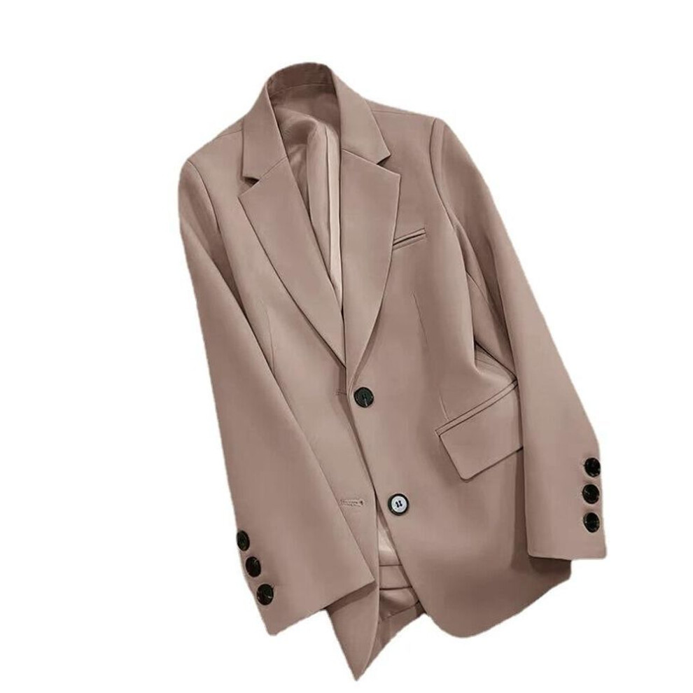 (khaki, 3XL) Women&apos;s Solid Color Black Button Pocket Blazer Suit Long Sleeve Cardigan Korean Fashion Casual Multi Colors Blazers Jacket