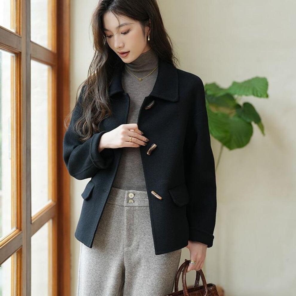 (black, S) Fashionable Women&apos;s Winter Coat with Horn Button and Short Style Wool Coat