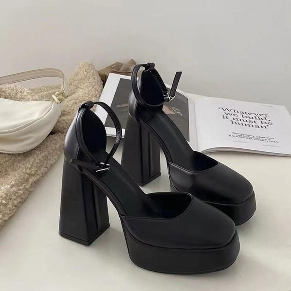 (black, 36) Mary Jane Shoes Women Spring Autumn Thick Heels High Heels Waterproof Platform Hollow Luxury Women's Shoes Pumps
