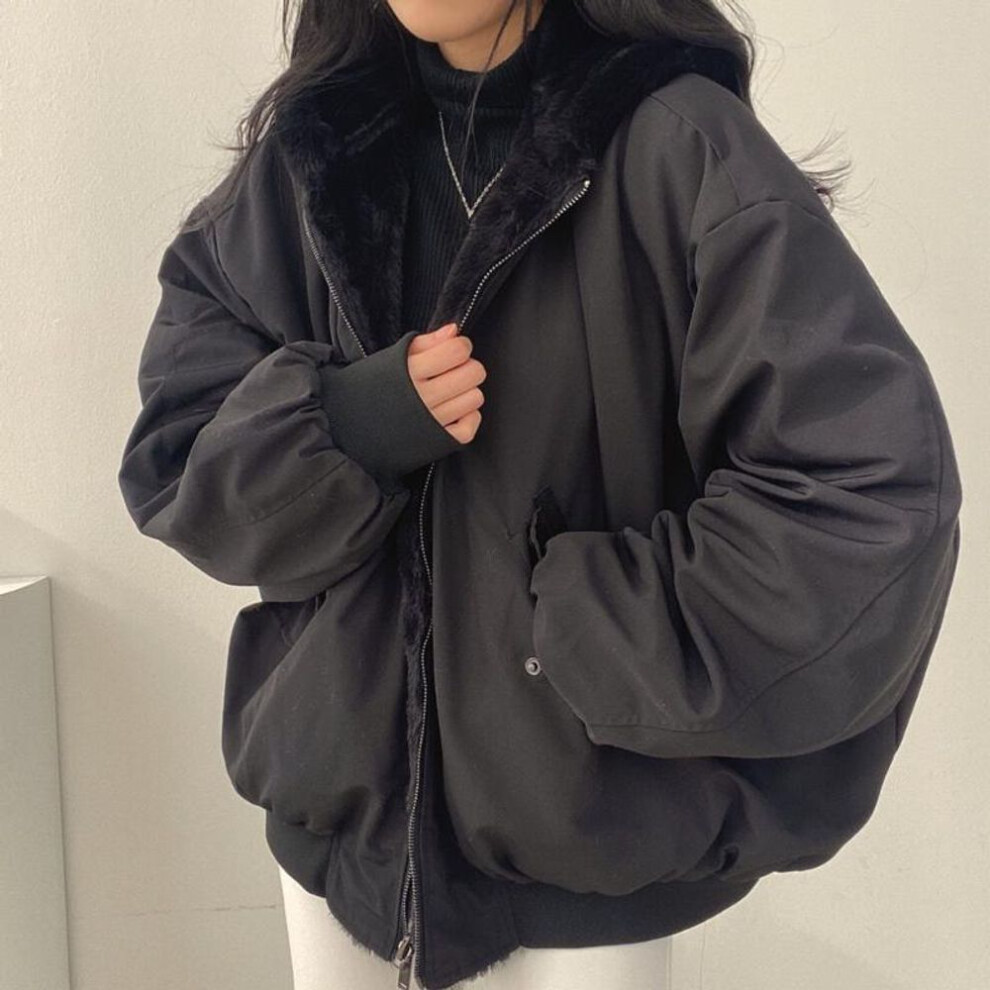 (black, L) Autumn Thicken Parkas Women Casual Hooded Jacket Winter Comfortable Double Layer Korean Style Simple Solid Warm Cute Coats