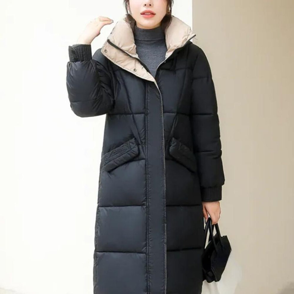 (black, XXL) Korean Fashion Stand Collar Hooded Warm Hem Knee-length Puffer Jacket Women Winter Cotton-padded Oversized Parkas Casual Jackets