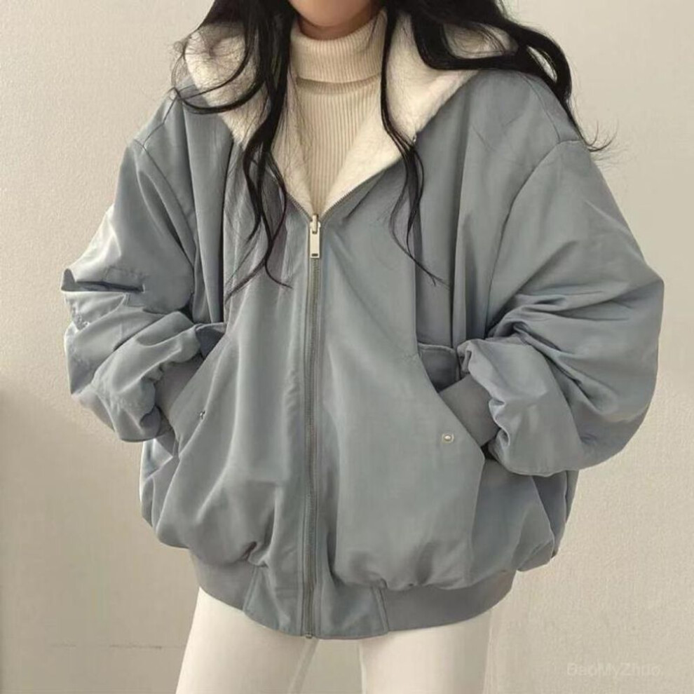 (blue, XXL) Autumn Thicken Parkas Women Casual Hooded Jacket Winter Comfortable Double Layer Korean Style Simple Solid Warm Cute Coats
