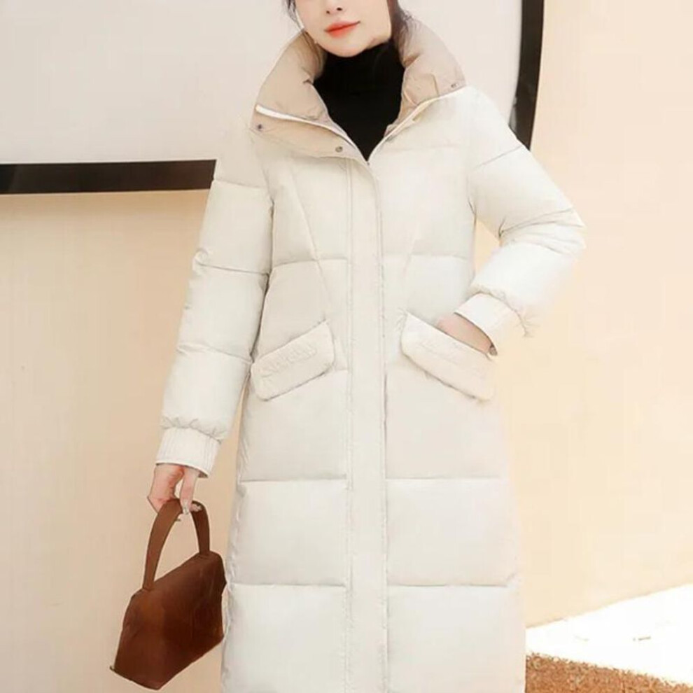 (beige, L) Korean Fashion Stand Collar Hooded Warm Hem Knee-length Puffer Jacket Women Winter Cotton-padded Oversized Parkas Casual Jackets