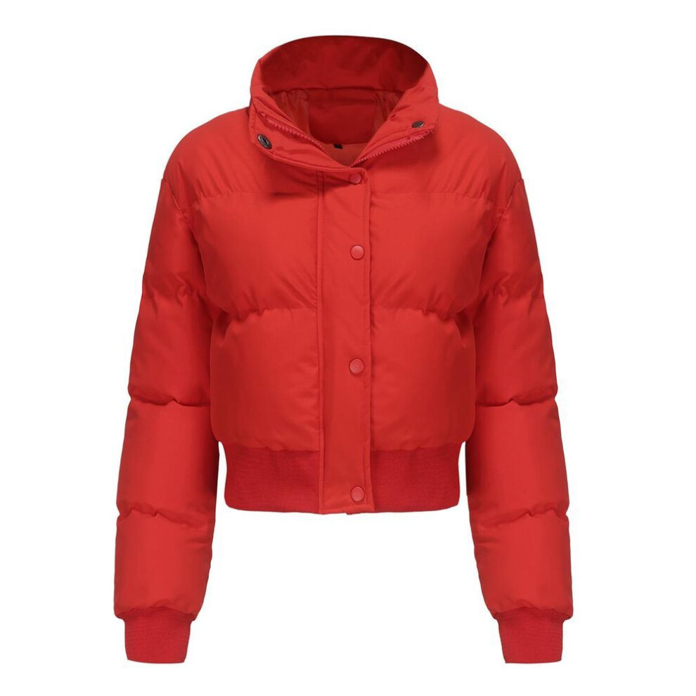(red, S) Women's Short Thick Jackets Cotton High Collar Long Sleeves Zipper Warm Puffer Coats Autumn Winter Crop Top Fashion Outfits