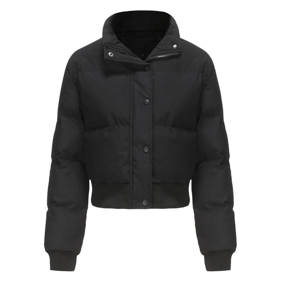 (black, XL) Women's Short Thick Jackets Cotton High Collar Long Sleeves Zipper Warm Puffer Coats Autumn Winter Crop Top Fashion Outfits