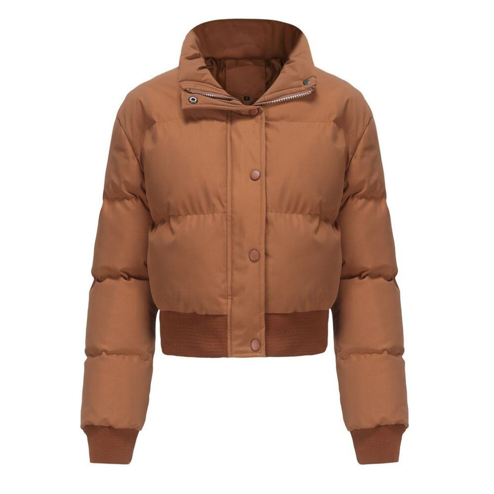 (brown sugar, S) Women's Short Thick Jackets Cotton High Collar Long Sleeves Zipper Warm Puffer Coats Autumn Winter Crop Top Fashion Outfits