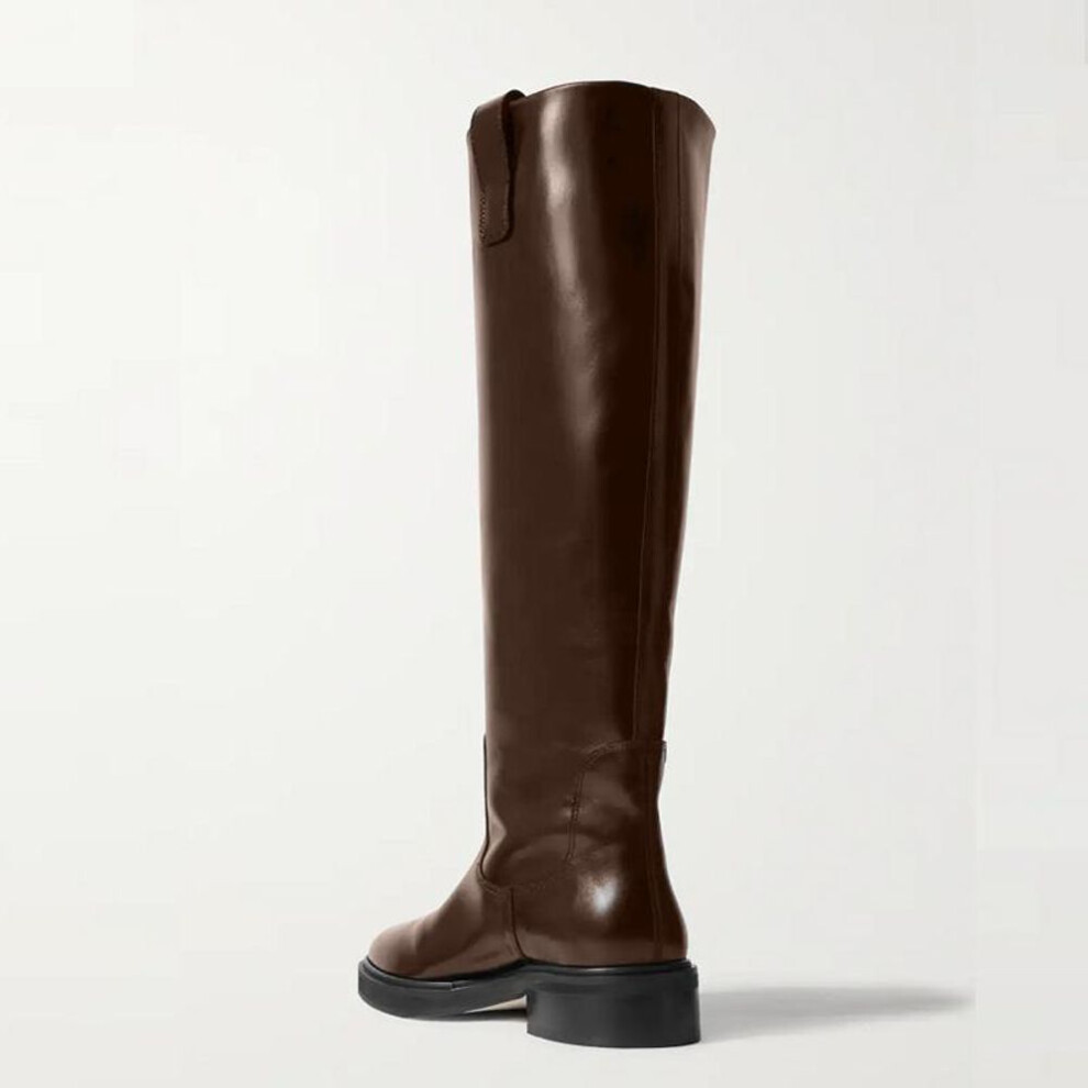 (brown, 44) Krazing Pot Cow Skin Leather Autumn Winter Shoes Med Heels Big Size 46 Equestrian Boots Women Keep Warm Thigh High Boots