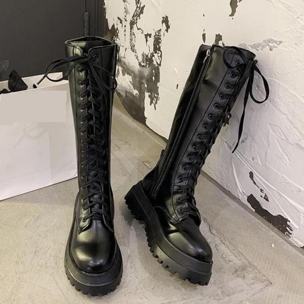 (black, 35) Women Punk Increasing Long Woman Lace Up Booties  Zip Chelsea Women Shoes Chunky Platform Pu Leather Knee High Boots