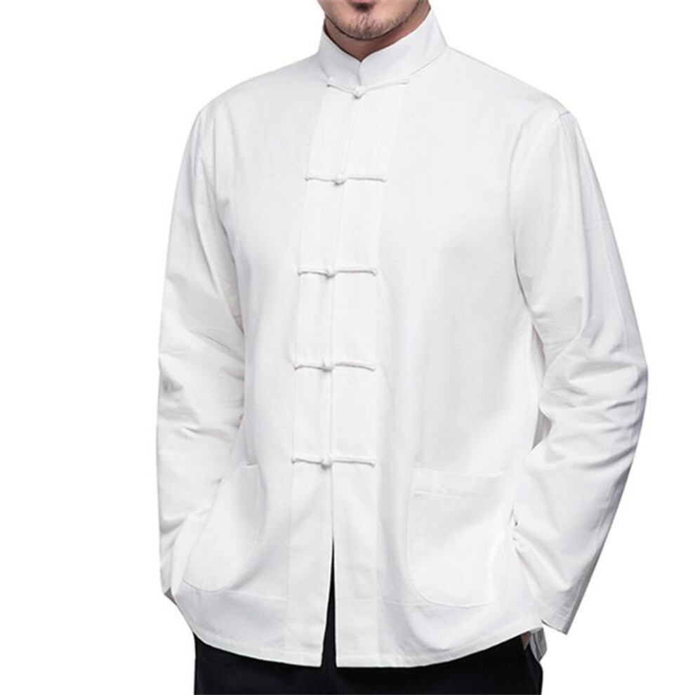 (white, 165) Autumn Men&apos;s Chinese Style Cotton Linen Coat Loose Kimono Cardigan Men Solid Color Linen Outerwear Jacket Coats