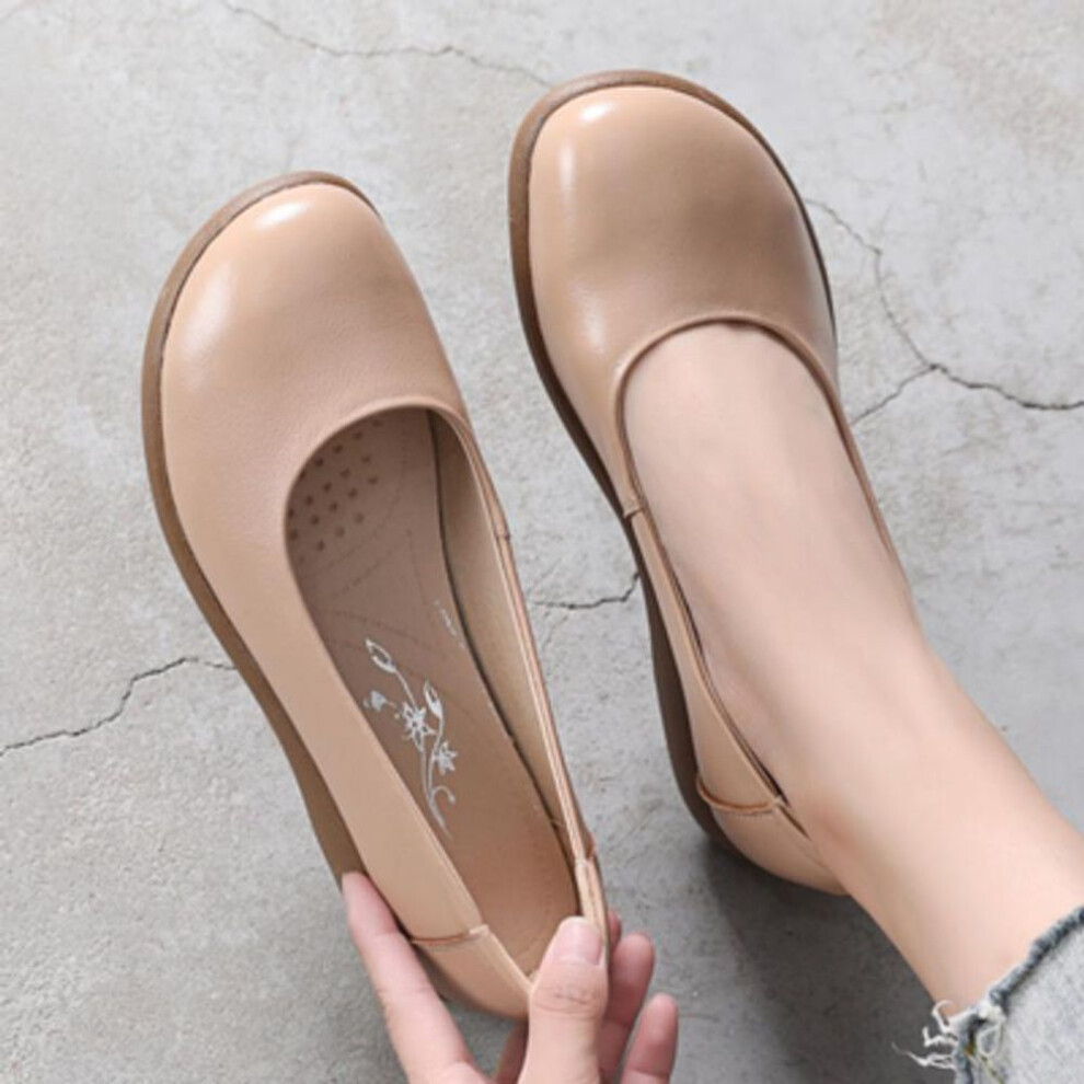 (khaki, 41) White Genuine Leather Ladies Breathable Summer Shoes Women Flats Slip-On Loafers Round Toe Soft Flat Shoes Casual