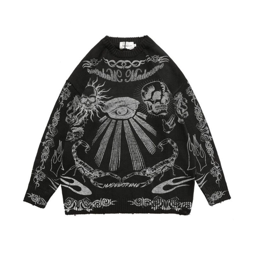 (black, L) Harajuku Skulls Printed Women‘s Oversized Knitted Sweater Korean Casual Gothic Sweaters Streetwear Hiphop Loose Pullovers Y2k Club Style