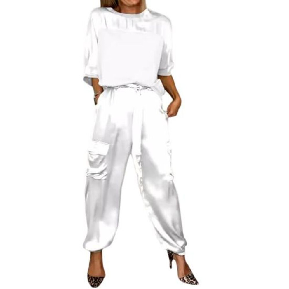 (white, 4XL) 2 Pcs/Set Women Top Pants Set Satin Three Quarter Sleeves O Neck Lace-up Waist Solid Color Soft Breathable Casual Pockets Loose Blouse Trousers Set