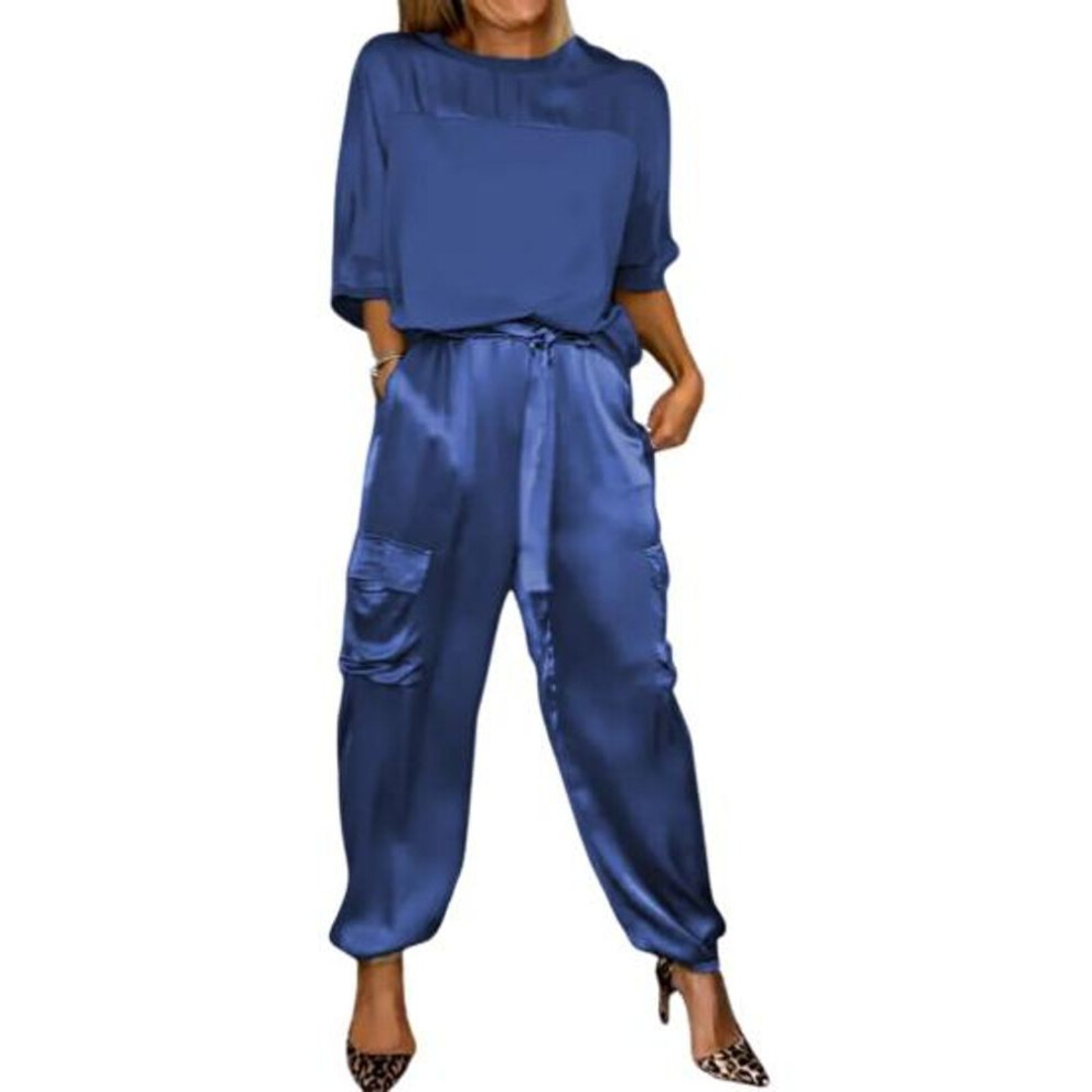 (blue, 4XL) 2 Pcs/Set Women Top Pants Set Satin Three Quarter Sleeves O Neck Lace-up Waist Solid Color Soft Breathable Casual Pockets Loose Blouse Trousers Set