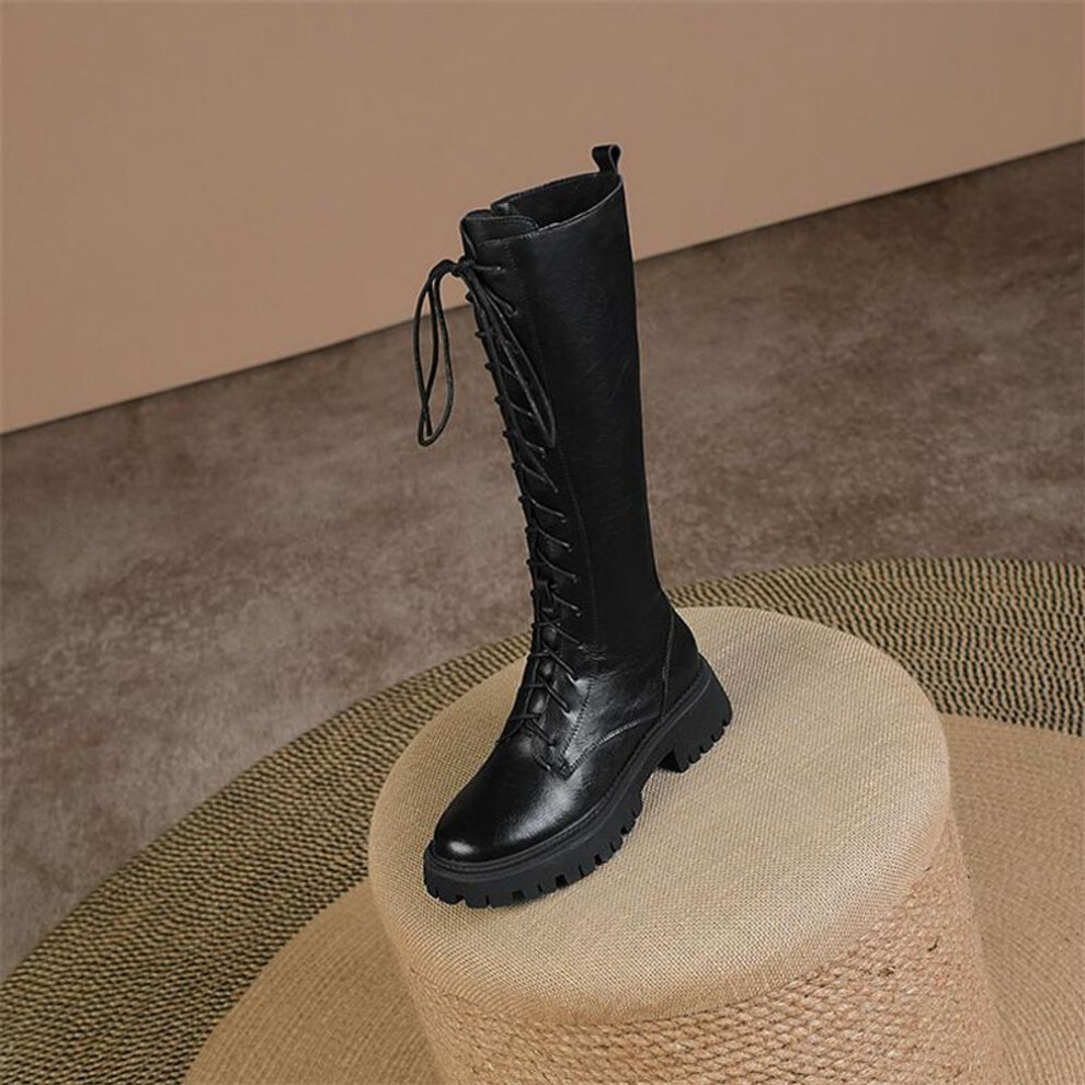(black, 34) Meotina Women Genuine Leather Wool Blend Fur Knee High Boots Round Toe Block Mid Heel Zipper Lace-up Lady Boot Winter Shoes