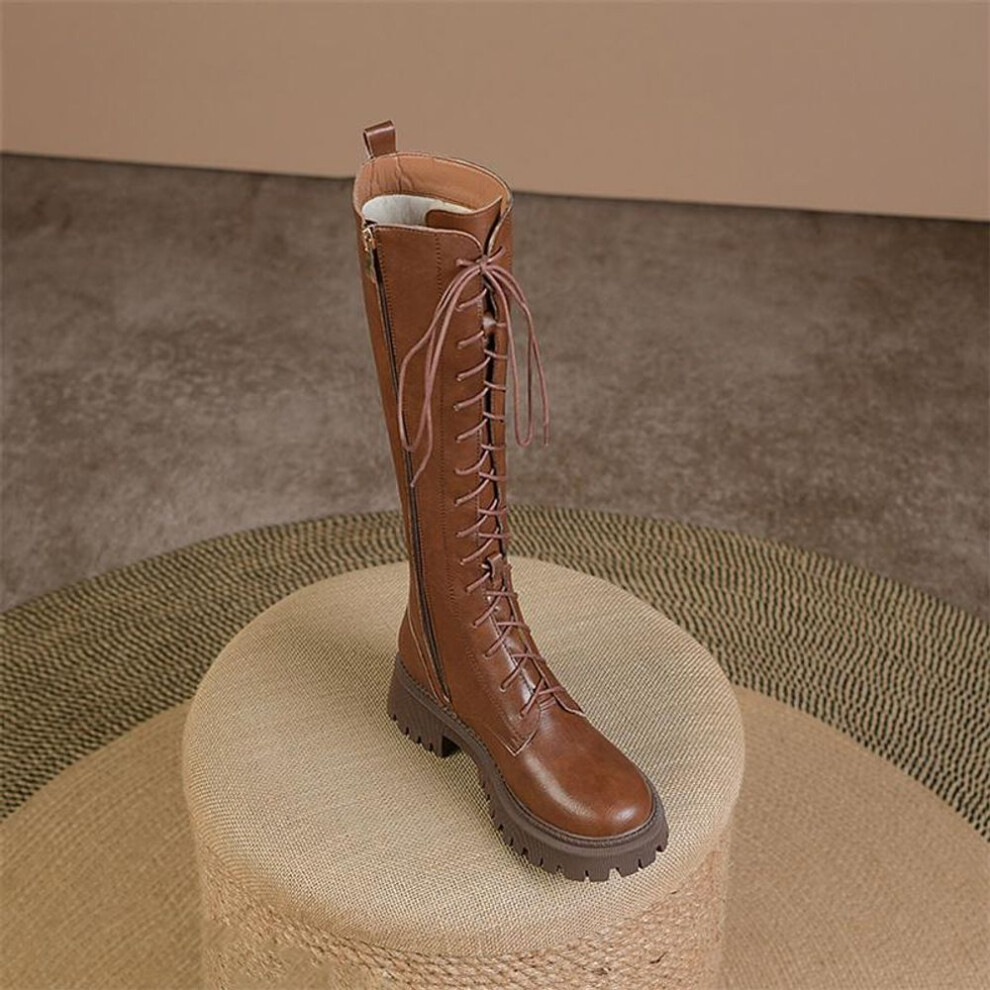 (brown, 37) Meotina Women Genuine Leather Wool Blend Fur Knee High Boots Round Toe Block Mid Heel Zipper Lace-up Lady Boot Winter Shoes