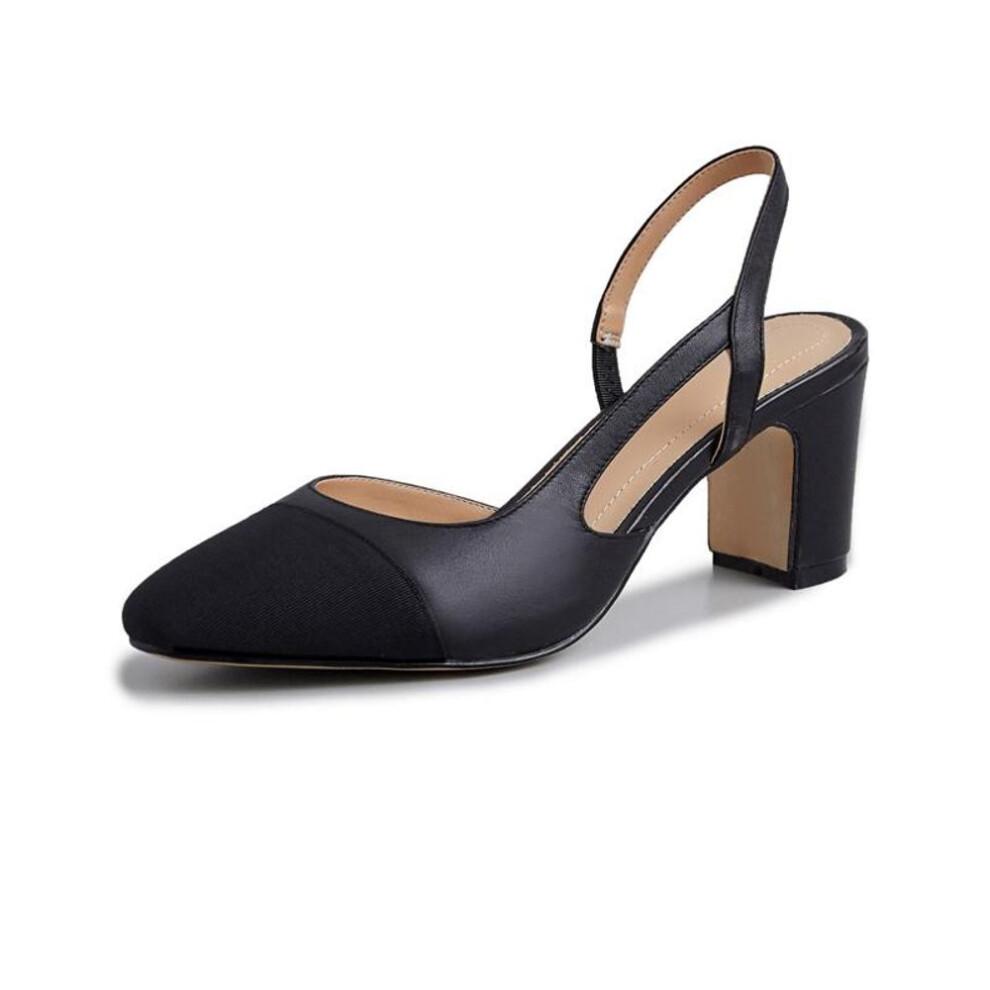 (black, 41) Meotina Women Slingback Shoes Genuine Leather Thick Heels Pumps Round Toe Causal High Heel Ladies Footwear 2022 Spring Apricot