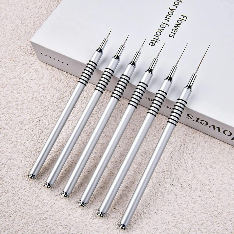 (Silver) 6Pcs/set Nail Art Liner Brushes Nail Art Design Brush Striping Thin Long Lines Dotting Drawing Pen UV Gel Polish Painting Brushes